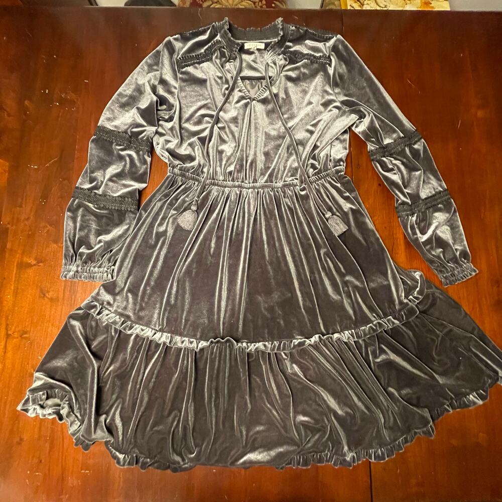 Kate & Sam Gray Velvet Velour Dress Ruffle Layered Rouched Long Sleeve Dress L